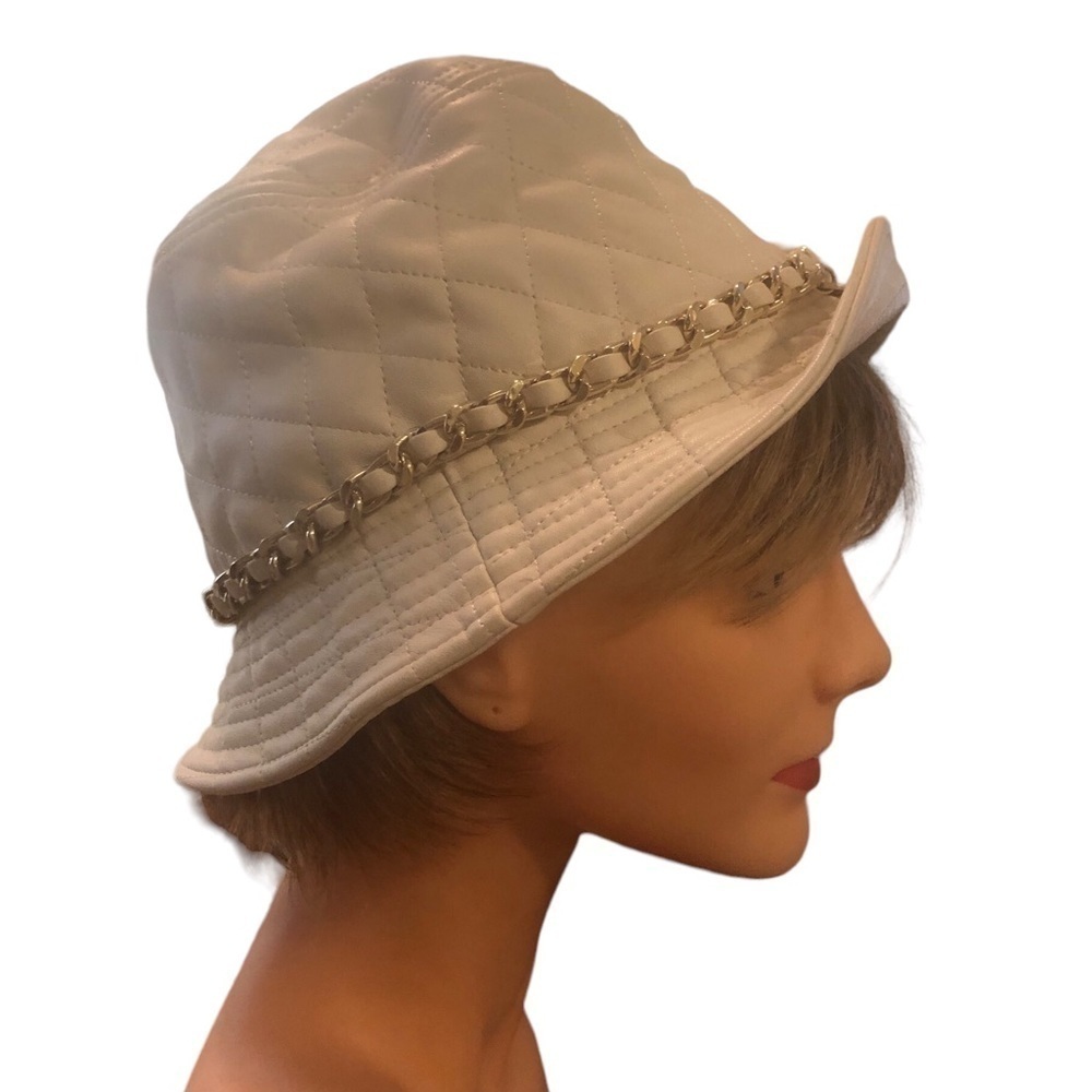 Madden NYC Faux Leather Bucket Hat Toasted Almond One Size Gold Chain Detail